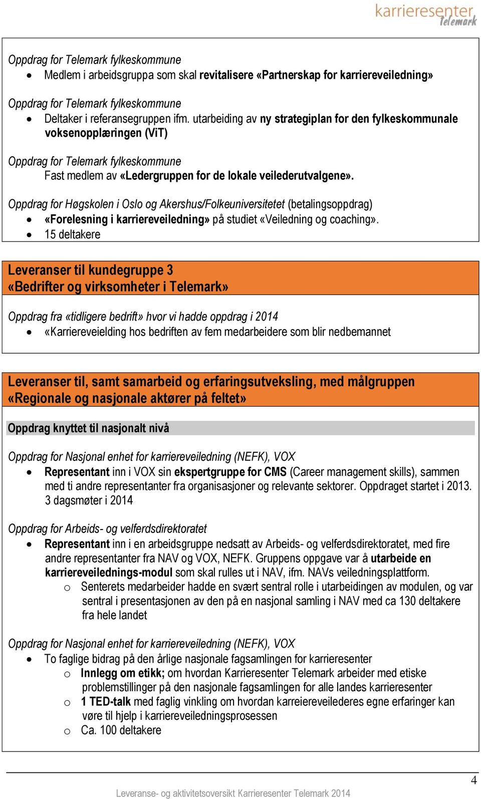 Oppdrag for Høgskolen i Oslo og Akershus/Folkeuniversitetet (betalingsoppdrag) «Forelesning i karriereveiledning» på studiet «Veiledning og coaching».