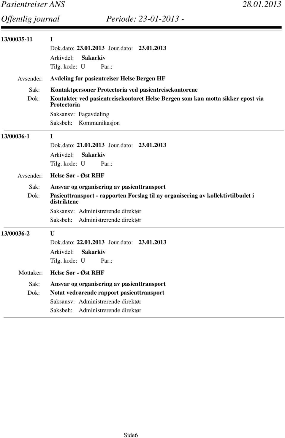 2013 Jour.dato: 23.01.2013 Helse Sør - Øst RHF Ansvar og organisering av pasienttransport Pasienttransport - rapporten Forslag til ny organisering av kollektivtilbudet i distriktene