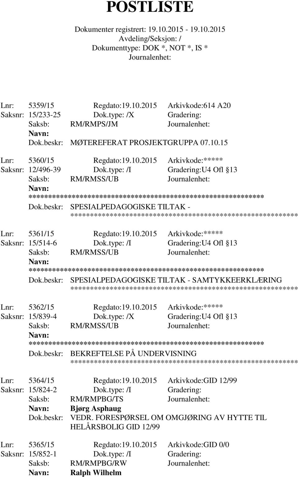 type: /I Gradering:U4 Ofl 13 Saksb: RM/RMSS/UB Dok.beskr: SPESIALPEDAGOGISKE TILTAK - SAMTYKKEERKLÆRING Lnr: 5362/15 Regdato:19.10.2015 Arkivkode:***** Saksnr: 15/839-4 Dok.