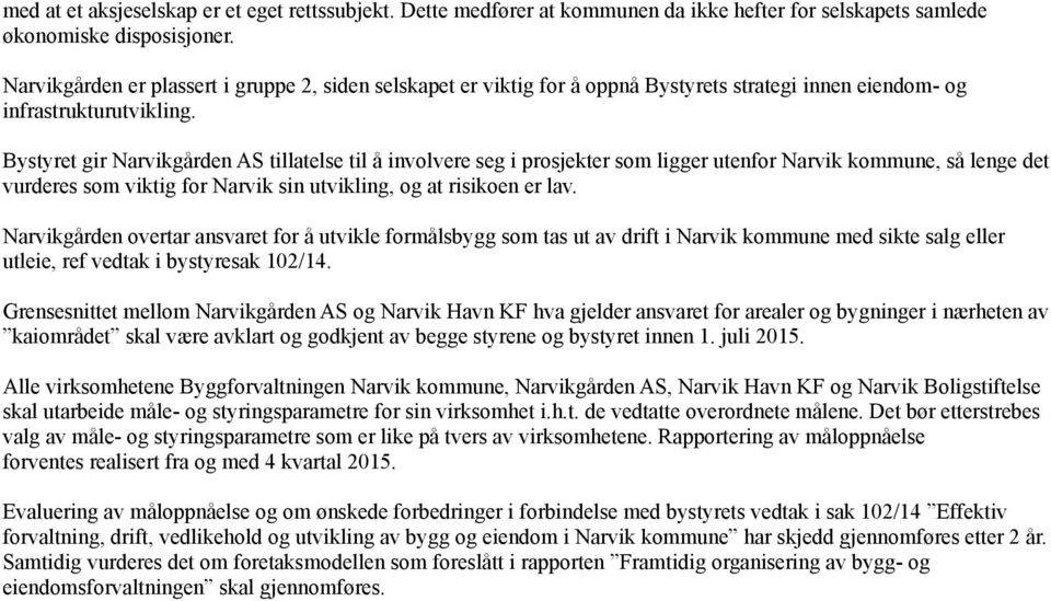 Bystyret gir Narvikgården AS tillatelse til å involvere seg i prosjekter som ligger utenfor Narvik kommune, så lenge det vurderes som viktig for Narvik sin utvikling, og at risikoen er lav.