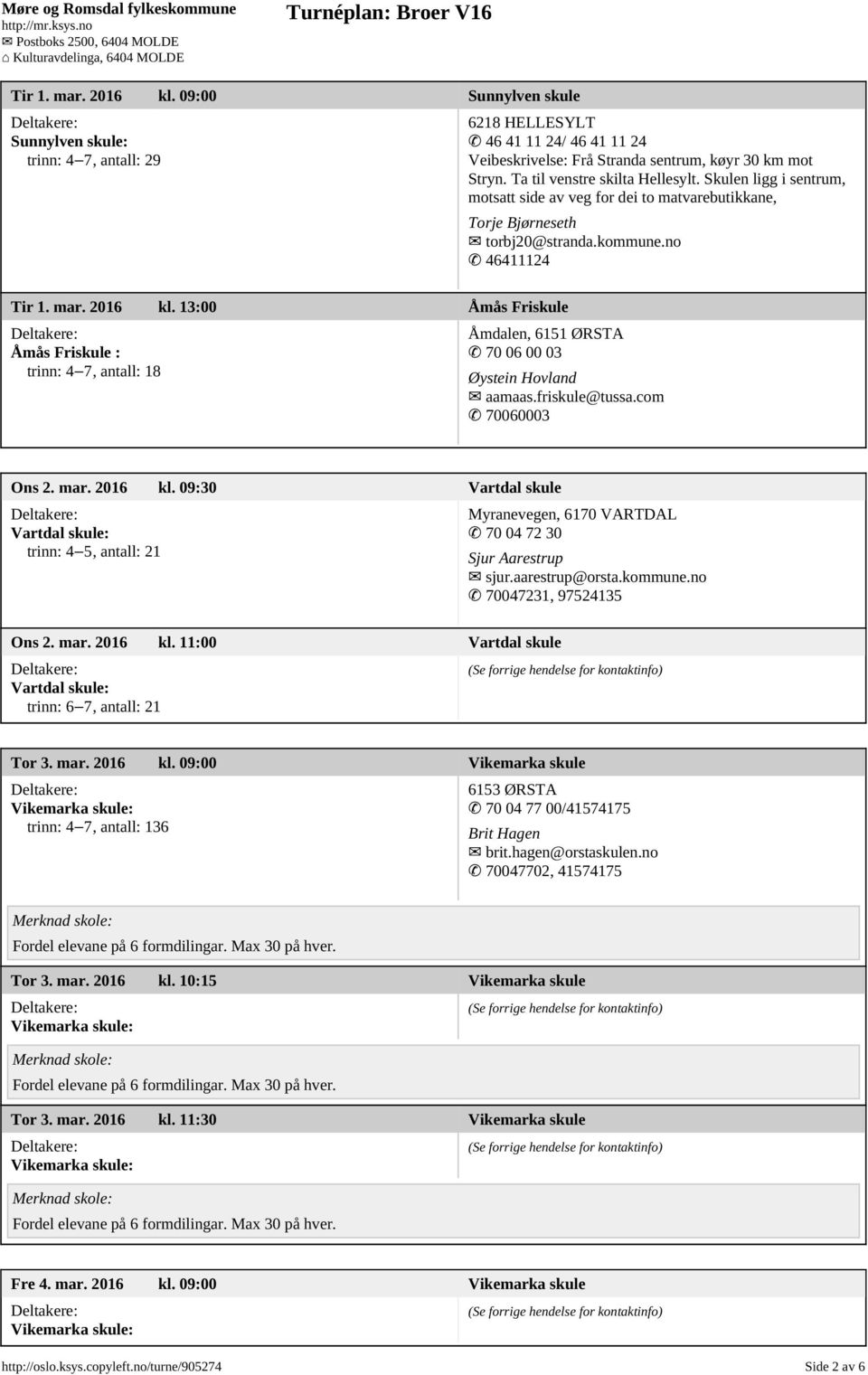 13:00 Åmås Friskule Åmås Friskule : trinn: 4 7, antall: 18 Åmdalen, 6151 ØRSTA 70 06 00 03 Øystein Hovland aamaas.friskule@tussa.com 70060003 Ons 2. mar. 2016 kl.