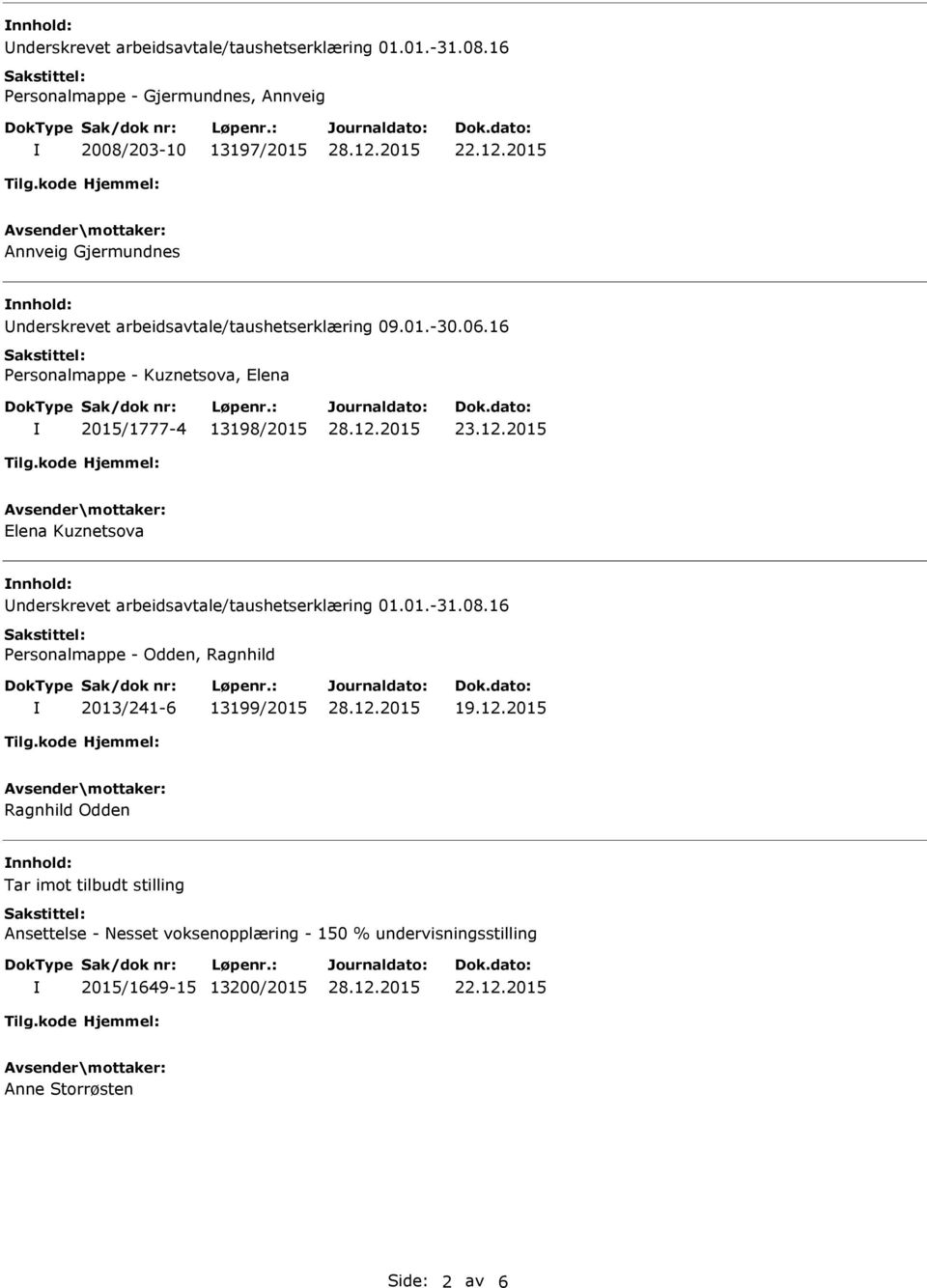 2015 Elena Kuznetsova nnhold: Underskrevet arbeidsavtale/taushetserklæring 01.01.-31.08.16 Personalmappe - Odden, Ragnhild 2013/241-6 13199/2015 19.12.