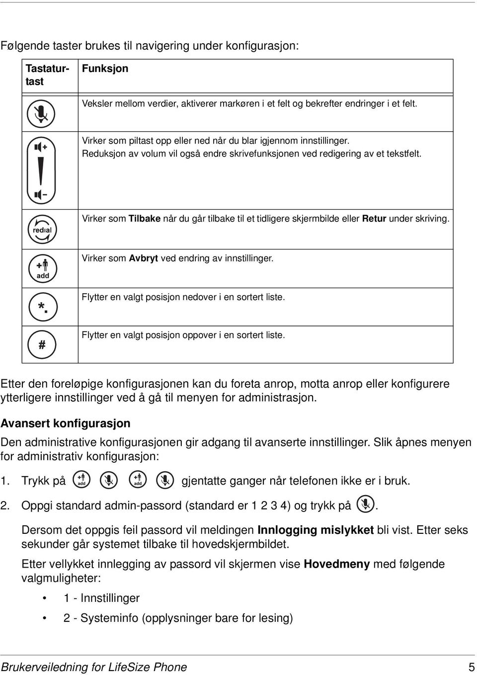 Virker som Tilbake når du går tilbake til et tidligere skjermbilde eller Retur under skriving. Virker som Avbryt ved endring av innstillinger. Flytter en valgt posisjon nedover i en sortert liste.