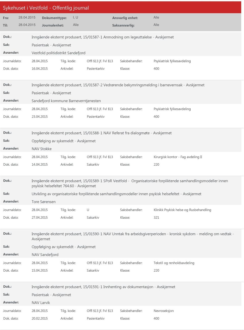 dato: 23.04.2015 Arkivdel: Pasientarkiv Inngående eksternt produsert, 15/01588-1 NAV Referat fra dialogmøte - Oppfølging av sykemeldt - NAV Stokke Kirurgisk kontor - Fag avdeling II Dok. dato: 14.04.2015 Arkivdel: Sakarkiv 220 Inngående eksternt produsert, 15/01589-1 SPoR Vestfold - Organisatoriske forpliktende samhandlingsmodeller innen psykisk helsefeltet 764.