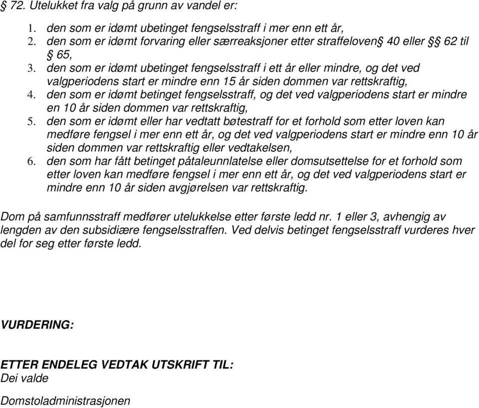 den som er idømt betinget fengselsstraff, og det ved valgperiodens start er mindre en 10 år siden dommen var rettskraftig, 5.