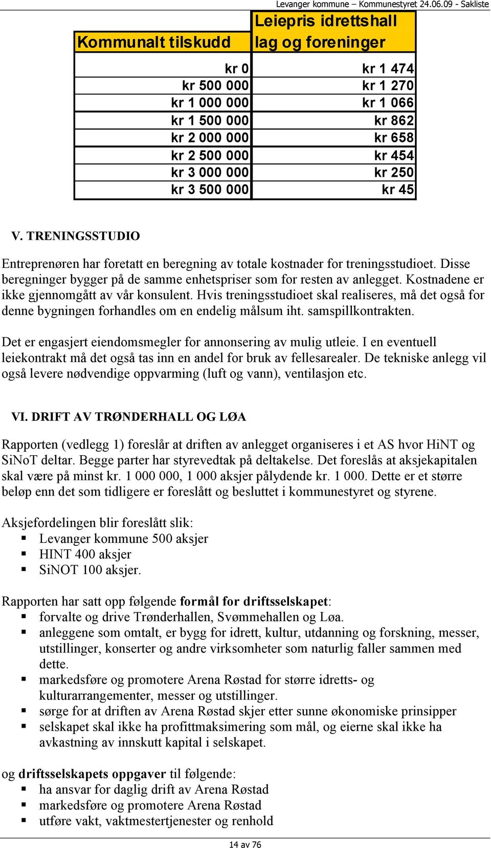 000 kr 45 V. TRENINGSSTUDIO Entreprenøren har foretatt en beregning av totale kostnader for treningsstudioet. Disse beregninger bygger på de samme enhetspriser som for resten av anlegget.