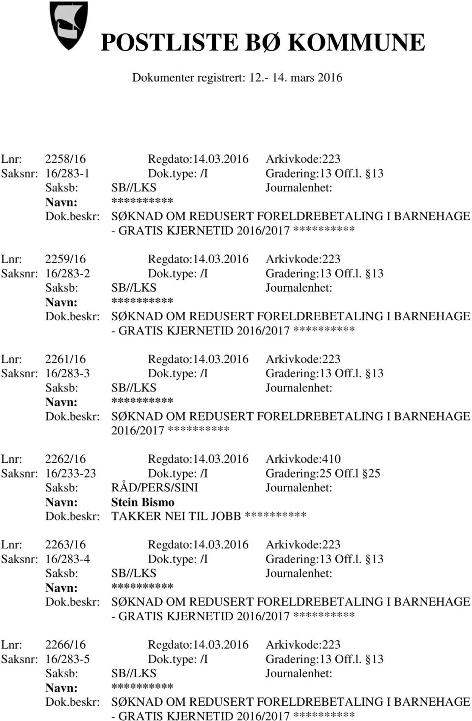 03.2016 Arkivkode:410 Saksnr: 16/233-23 Dok.type: /I Gradering:25 Off.l 25 Saksb: RÅD/PERS/SINI Journalenhet: Navn: Stein Bismo Dok.