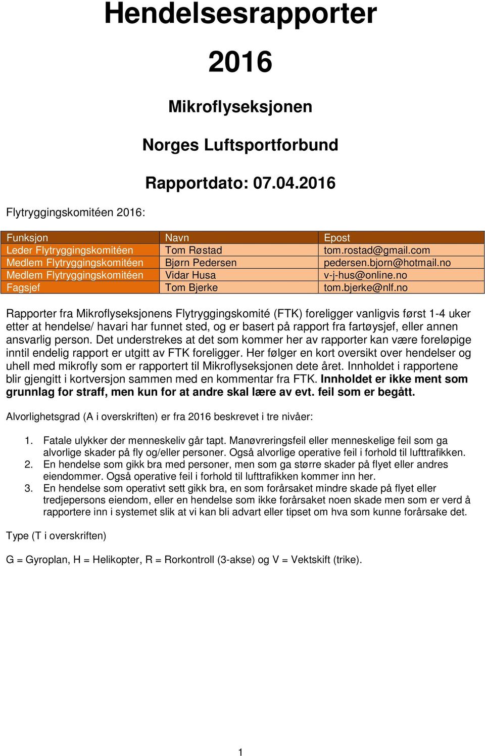 no Rapporter fra Mikroflyseksjonens Flytryggingskomité (FTK) foreligger vanligvis først 1-4 uker etter at hendelse/ havari har funnet sted, og er basert på rapport fra fartøysjef, eller annen