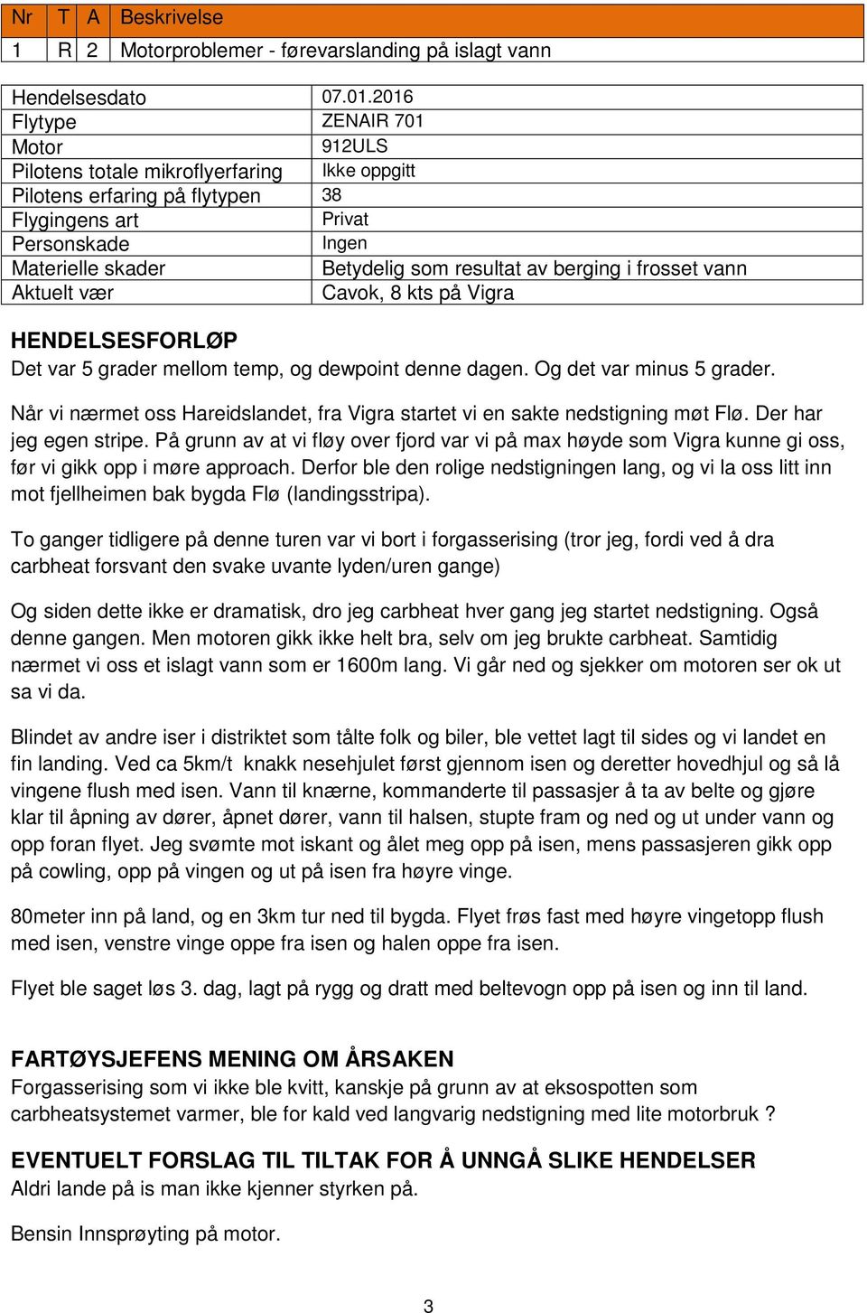 berging i frosset vann Aktuelt vær Cavok, 8 kts på Vigra HENDELSESFORLØP Det var 5 grader mellom temp, og dewpoint denne dagen. Og det var minus 5 grader.