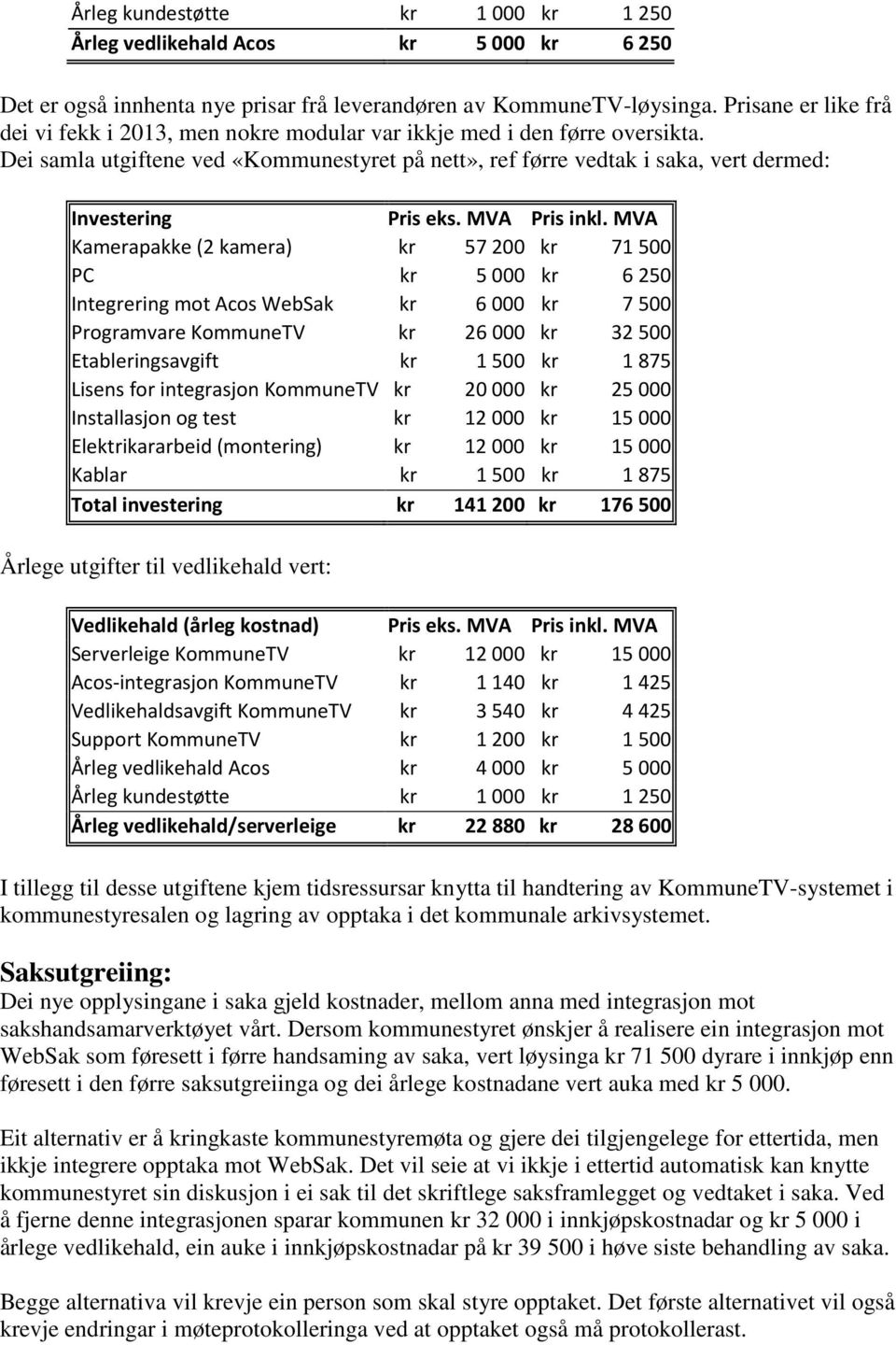 Dei samla utgiftene ved «Kommunestyret på nett», ref førre vedtak i saka, vert dermed: Investering Pris eks. MVA Pris inkl.