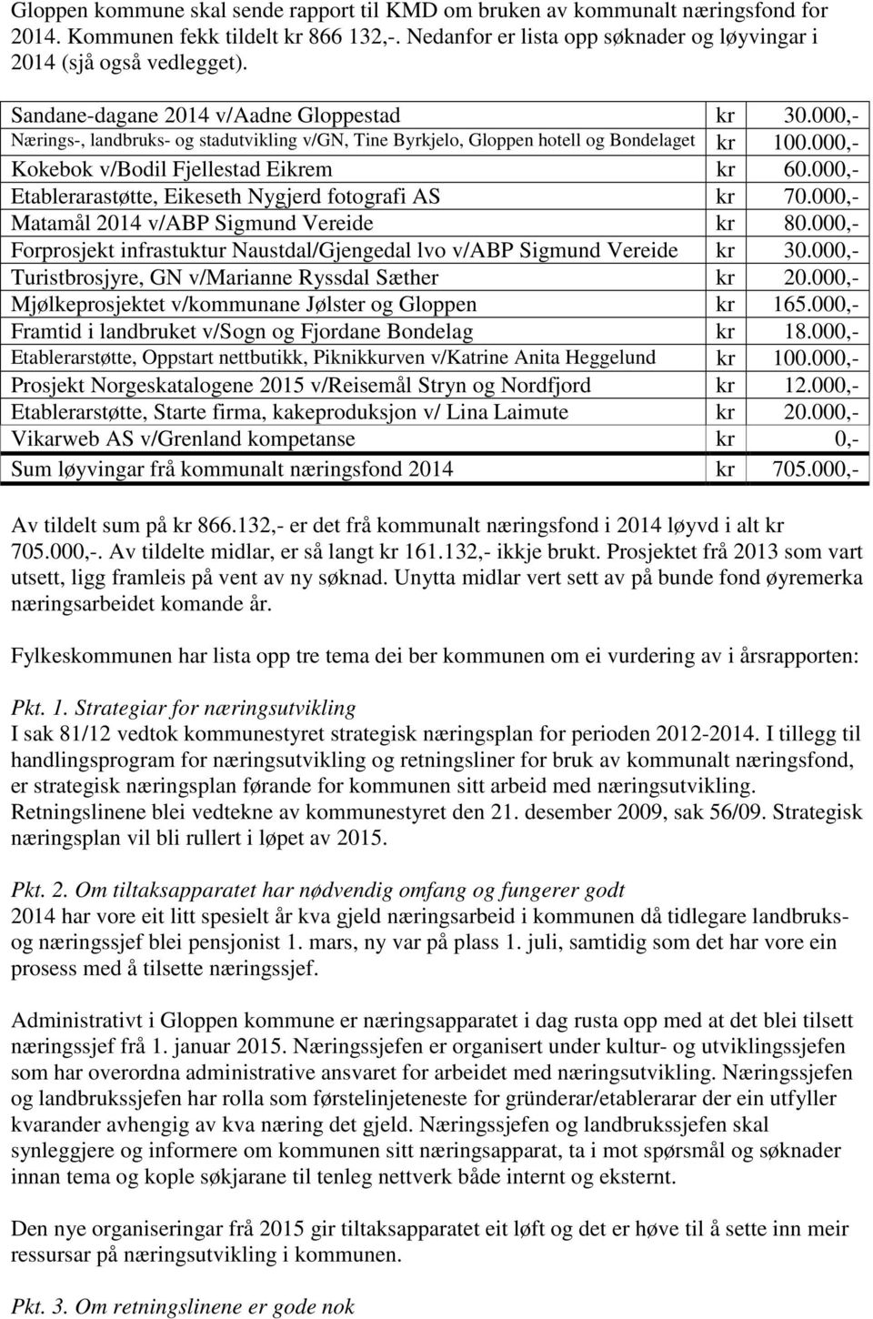 000,- Etablerarastøtte, Eikeseth Nygjerd fotografi AS kr 70.000,- Matamål 2014 v/abp Sigmund Vereide kr 80.000,- Forprosjekt infrastuktur Naustdal/Gjengedal lvo v/abp Sigmund Vereide kr 30.