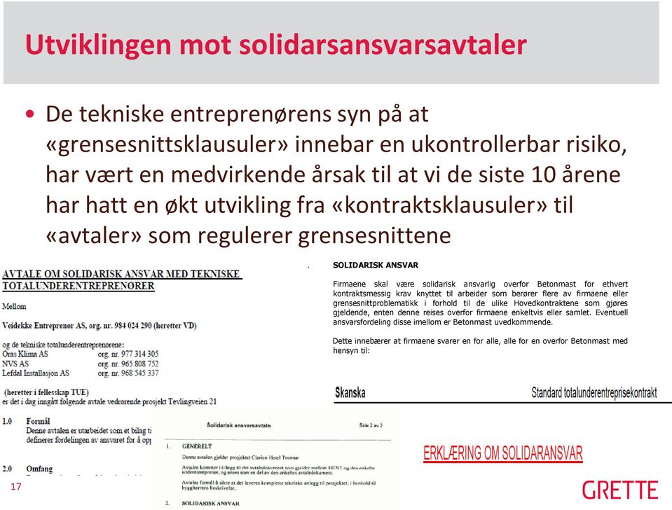 SOLIDARISK ANSVAR Firmaene skal være solidarisk ansvarlig overfor Betonmast for ethvert kontraktsmessig krav knyttet til arbeider som berører flere av firmaene eller grensesnittproblematikk