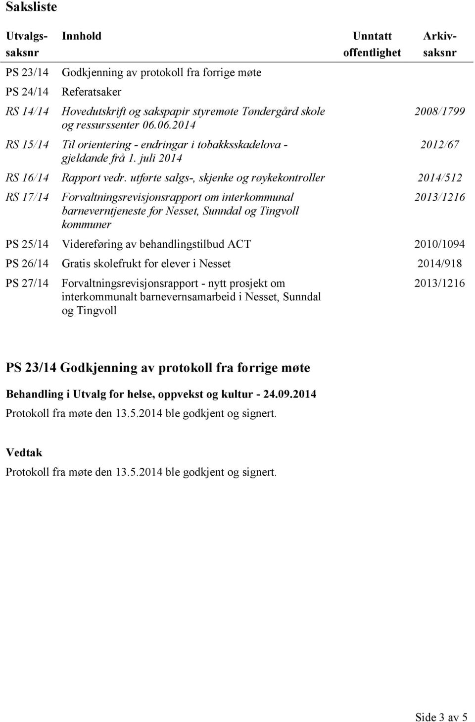 utførte salgs-, skjenke og røykekontroller 2014/512 RS 17/14 Forvaltningsrevisjonsrapport om interkommunal barneverntjeneste for Nesset, Sunndal og Tingvoll kommuner 2013/1216 PS 25/14 Videreføring