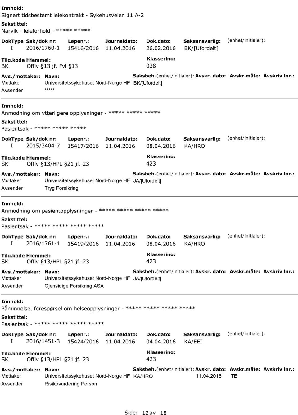 15417/2016 Mottaker niversitetssykehuset Nord-Norge HF JA/[fordelt] Tryg Forsikring nnhold: Anmodning om pasientopplysninger - ***** ***** ***** ***** asientsak - ***** ***** ***** ***** 2016/1761-1