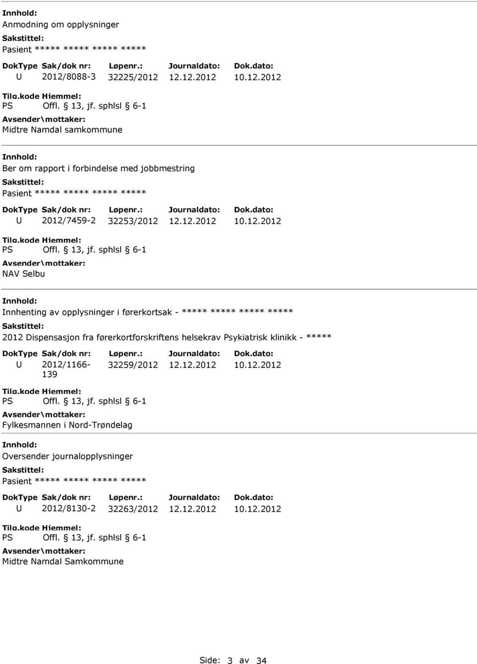 ***** 2012 Dispensasjon fra førerkortforskriftens helsekrav Psykiatrisk klinikk - ***** Sak/dok nr: 2012/1166-139 Løpenr.