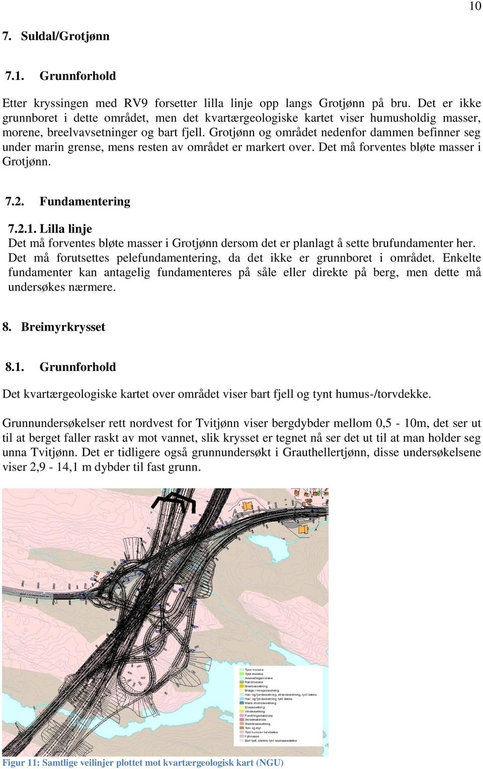 Grotjønn og området nedenfor dammen befinner seg under marin grense, mens resten av området er markert over. Det må forventes bløte masser i Grotjønn. 7.2. Fundamentering 7.2.1.