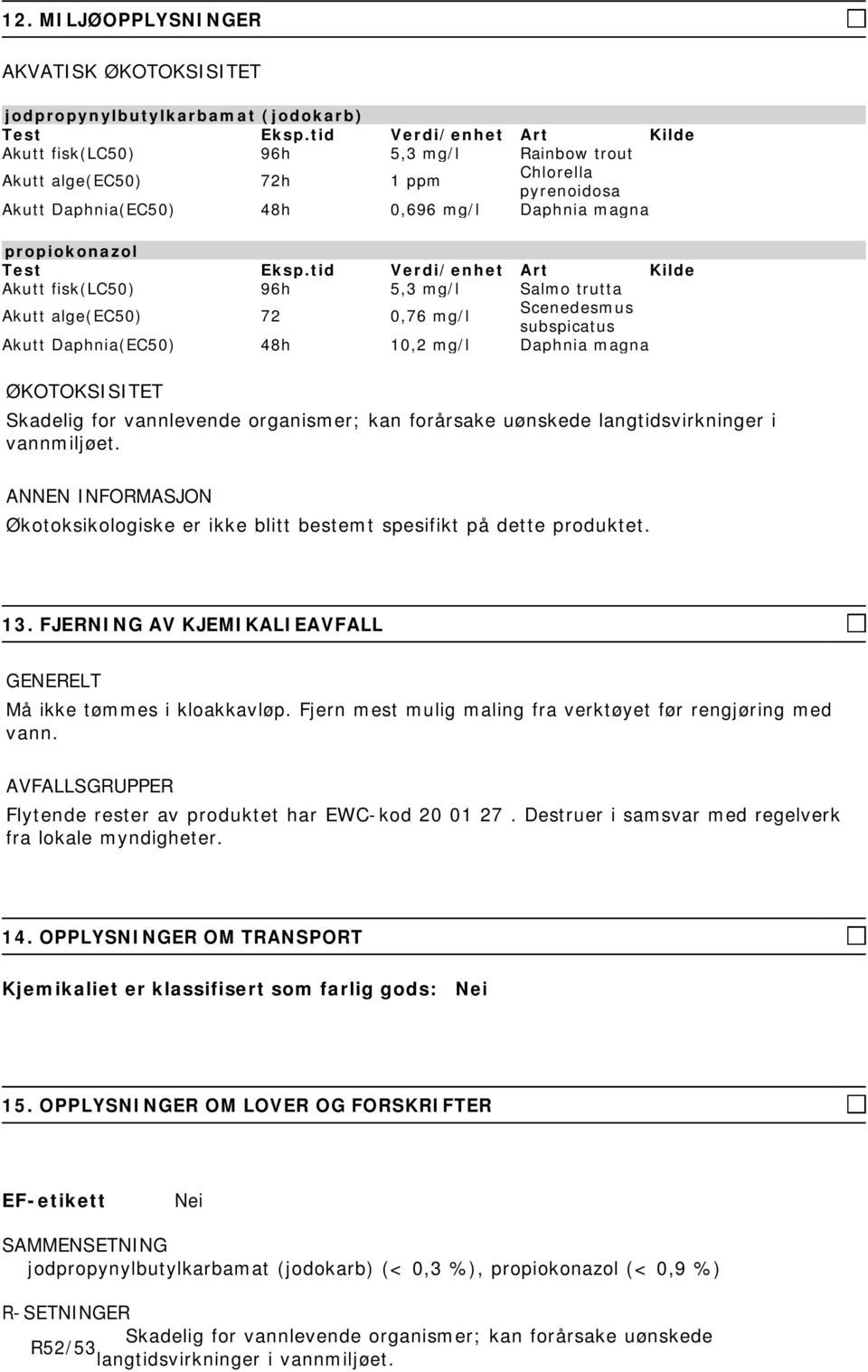 tid Verdi/enhet Art Kilde Akutt fisk(lc50) 96h 5,3 mg/l Salmo trutta Akutt alge(ec50) 72 0,76 mg/l Scenedesmus subspicatus Akutt Daphnia(EC50) 48h 10,2 mg/l Daphnia magna ØKOTOKSISITET Skadelig for