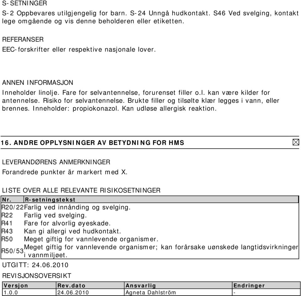 Brukte filler og tilsølte klær legges i vann, eller brennes. Inneholder: propiokonazol. Kan udløse allergisk reaktion. 16.