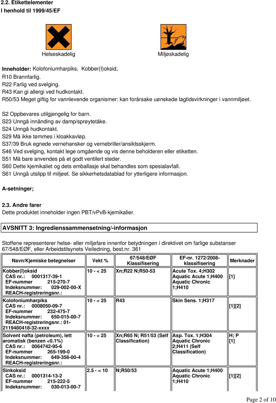 S23 Unngå innånding av damp/sprøytetåke. S24 Unngå hudkontakt. S29 Må ikke tømmes i kloakkavløp. S37/39 Bruk egnede vernehansker og vernebriller/ansiktsskjerm.