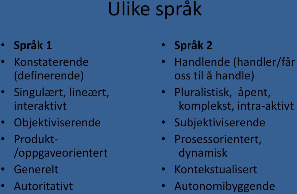 Handlende (handler/får oss til å handle) Pluralistisk, åpent, komplekst,