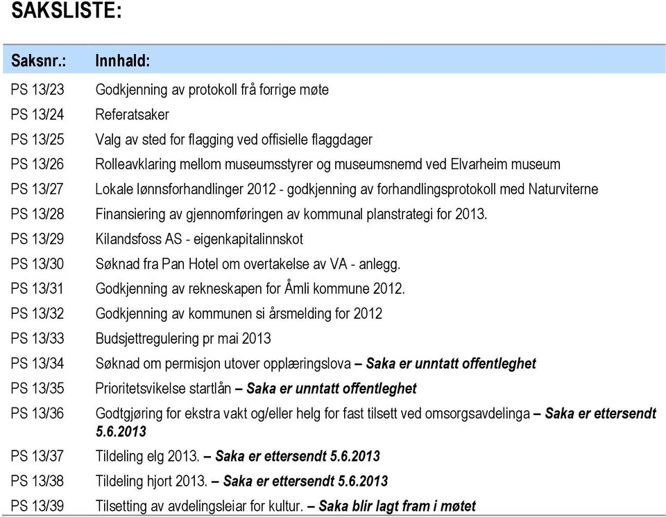 og museumsnemd ved Elvarheim museum Lokale lønnsforhandlinger 2012 - godkjenning av forhandlingsprotokoll med Naturviterne PS 13/28 Finansiering av gjennomføringen av kommunal planstrategi for 2013.