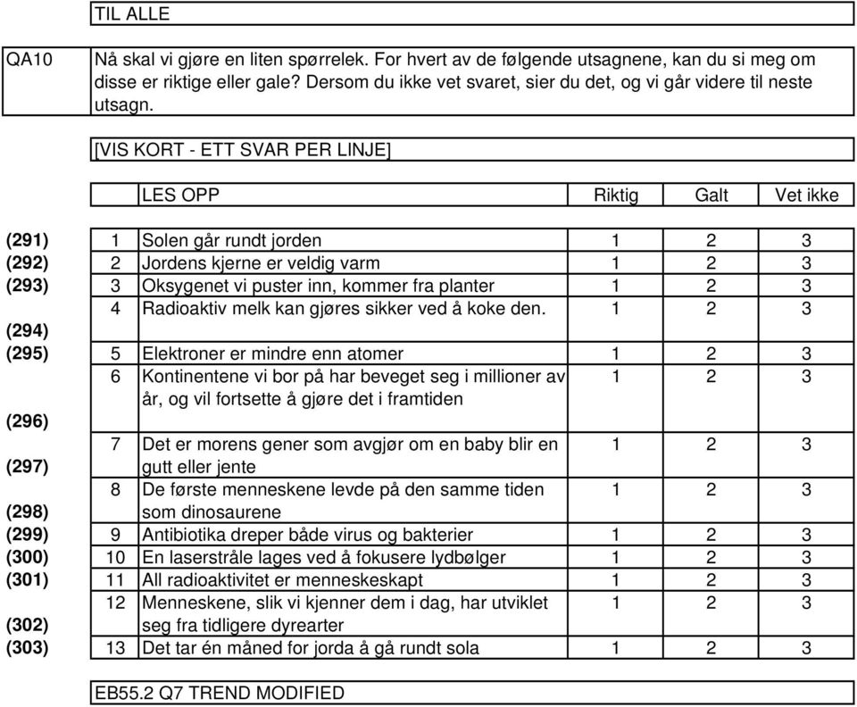 [VIS KORT - ETT SVAR PER LINJE] LES OPP Riktig alt (9) (9) (93) 3 4 (94) (95) 5 6 (96) 7 (97) 8 (98) (99) 9 (300) 0 (30) (30) (303) 3 Solen går rundt jorden 3 Jordens kjerne er veldig varm 3