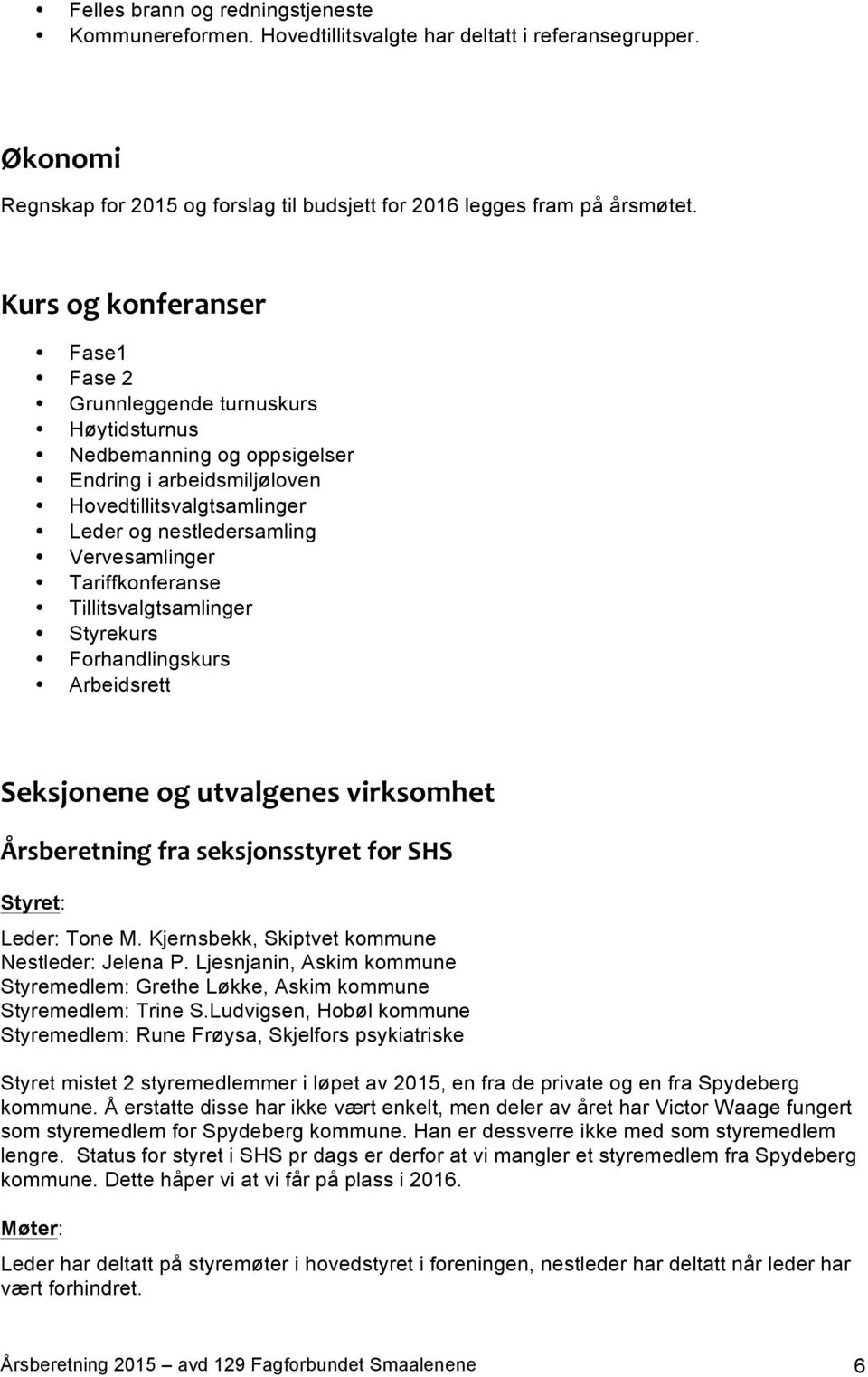 Tariffkonferanse Tillitsvalgtsamlinger Styrekurs Forhandlingskurs Arbeidsrett Seksjonene og utvalgenes virksomhet Årsberetning fra seksjonsstyret for SHS Styret: Leder: Tone M.