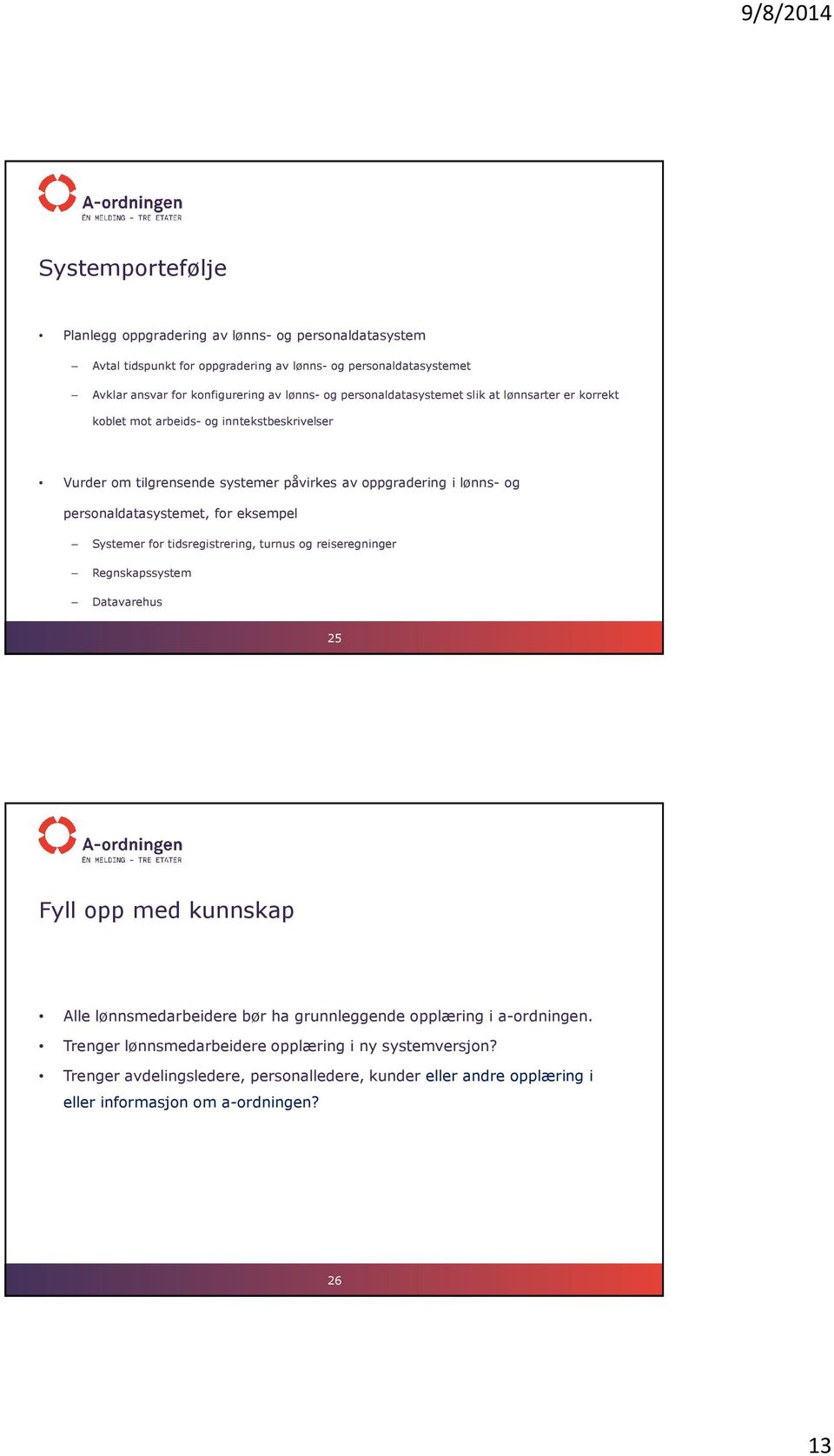 personaldatasystemet, for eksempel Systemer for tidsregistrering, turnus og reiseregninger Regnskapssystem Datavarehus 25 Fyll opp med kunnskap Alle lønnsmedarbeidere bør ha