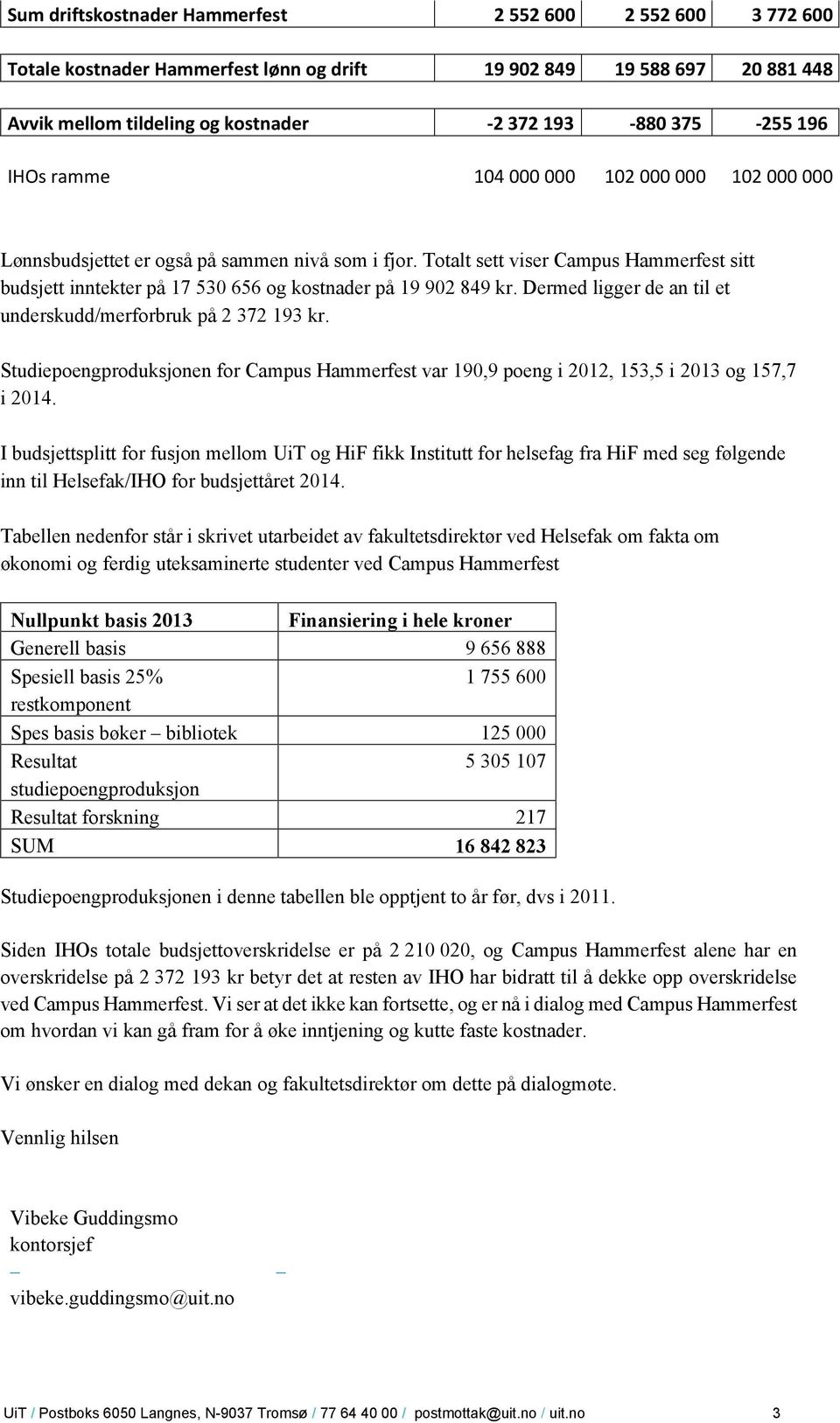 Totalt sett viser Campus Hammerfest sitt budsjett inntekter på 17 530 656 og kostnader på 19 902 849 kr. Dermed ligger de an til et underskudd/merforbruk på 2 372 193 kr.