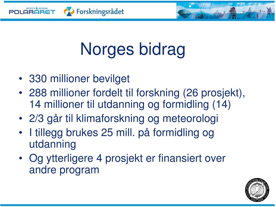 2/3 går til klimaforskning og meteorologi I tillegg brukes 25 mill.