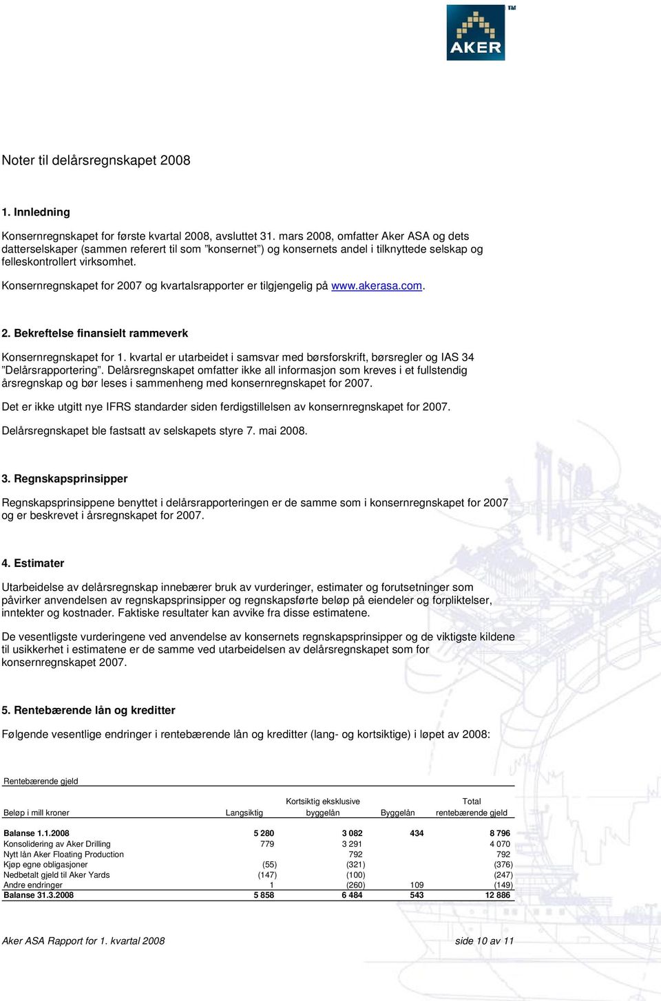 Konsernregnskapet for 2007 og kvartalsrapporter er tilgjengelig på www.akerasa.com. 2. Bekreftelse finansielt rammeverk Konsernregnskapet for 1.