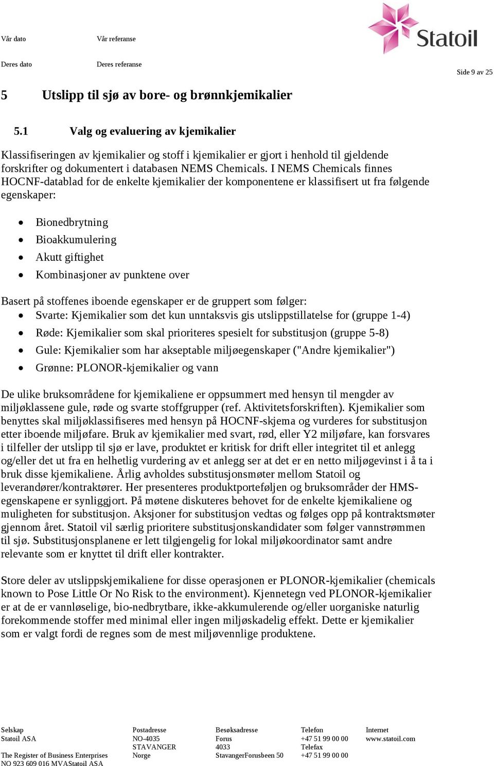 I NEMS Chemicals finnes HOCNF-datablad for de enkelte kjemikalier der komponentene er klassifisert ut fra følgende egenskaper: Bionedbrytning Bioakkumulering Akutt giftighet Kombinasjoner av punktene