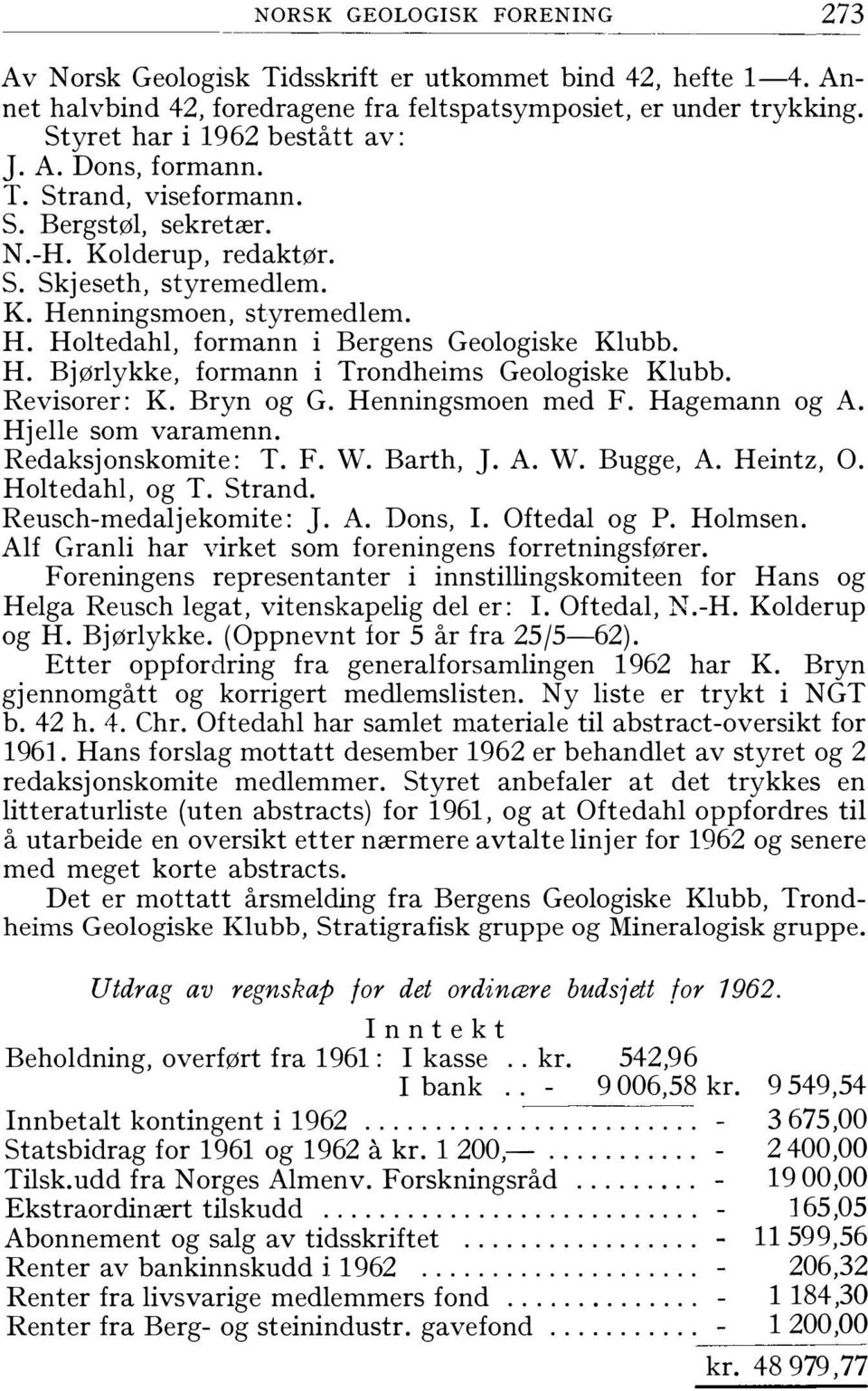 Revisorer: K. Bryn og G. Henningsmoen med F. Hagemann og A. Hjelle som varamenn. Redaksjonskomite: T. F. W. Barth, J. A. W. Bugge, A. Heintz, O. Holtedahl, og T. Strand. Reusch-medaljekomite: J. A. Dons, I.
