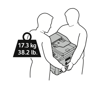 Vedlikehold 4. Løft og bær skriveren som vist på bildet. Pakk inn skriveren og tilbehøret i originalemballasjen, eller bruk et Xerox-emballeringssett.