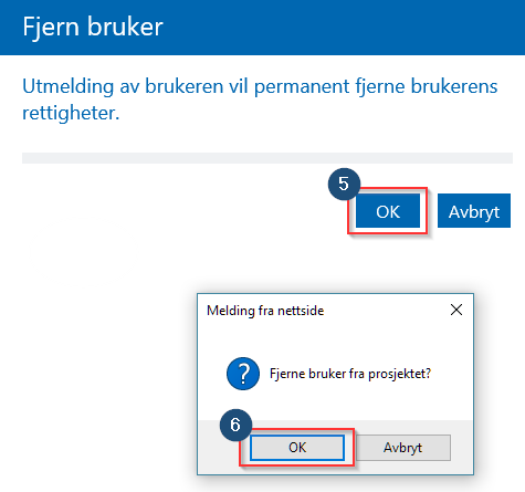 esam/byggeweb Rolleveiledning: Prosjektadministrator (Bane NOR) side 10/66 Fjerne bruker fra prosjekt 1. Gå til modulen «Prosjektadministrasjon». 2. Velg «Brukere» 3.