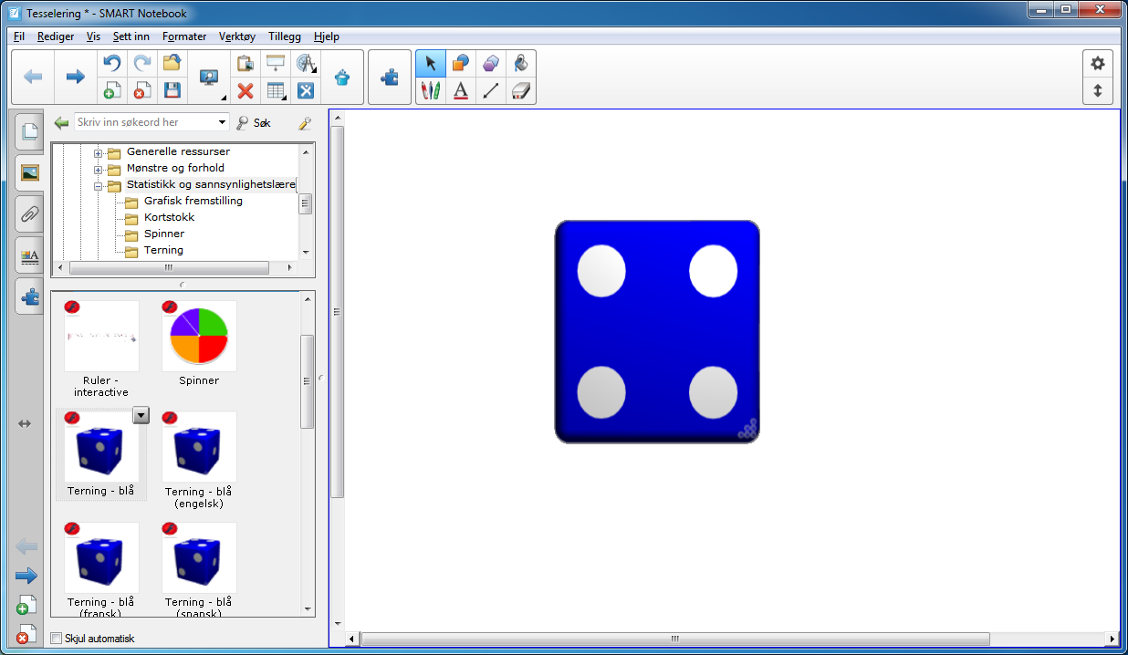 Går du videre til fanen Interaktiv og multimedia, finner du ulike animasjoner. Her er det f.eks. terninger som triller, lykkehjul etc. Bla deg ned til en av terningene, og dobbeltklikk på denne.