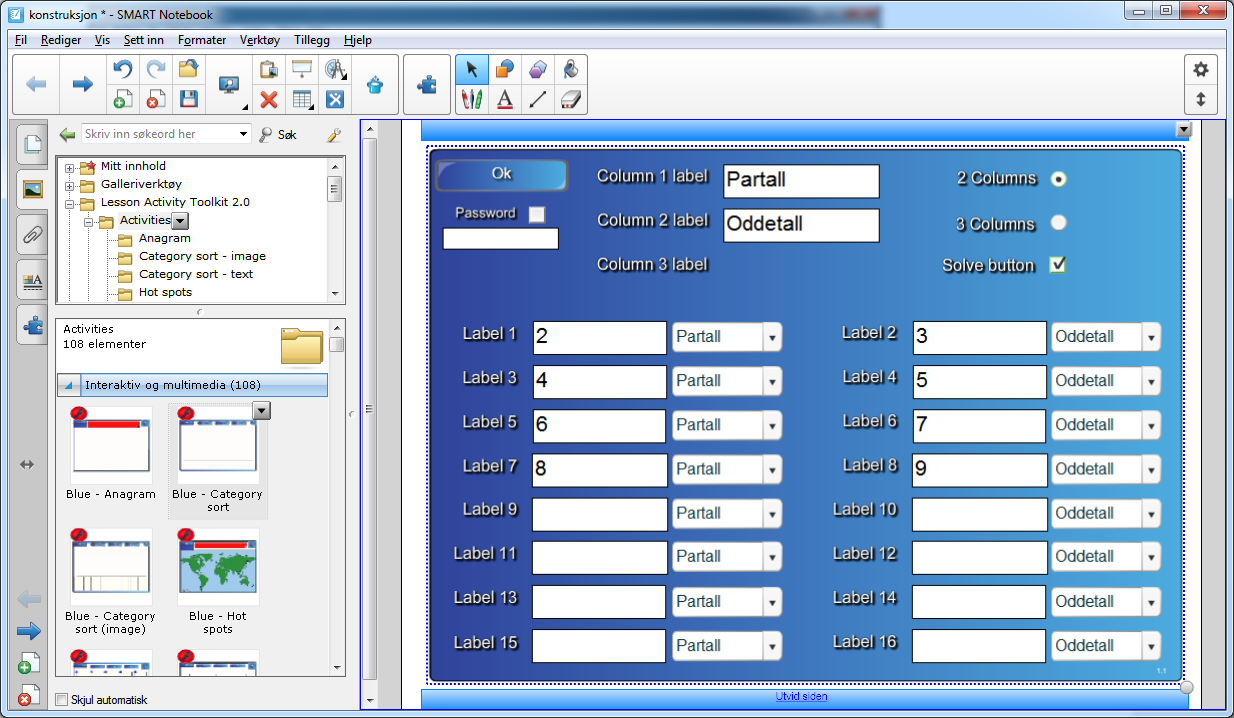 Vi går inn i Lesson Activity Toolkit og velger Activities. Der velger vi malen Blue - Category sort. Når du åpner denne malen, får du opp bildet som er vist i figur 37. Figur 37. Blue - Category sort. Velg Edit for å lage ditt eget opplegg.