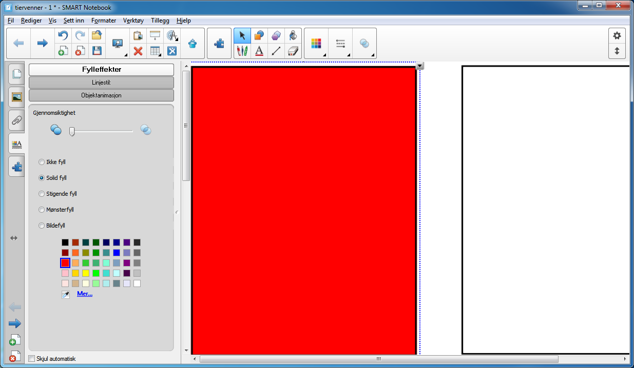 Figur 46. Det røde rektangelet er fargelagt. Her haker du av for Solid fyll og velger rød eller en annen farge du liker. Deretter gjør du det samme for det andre rektangelet. Her kan du velge blå.