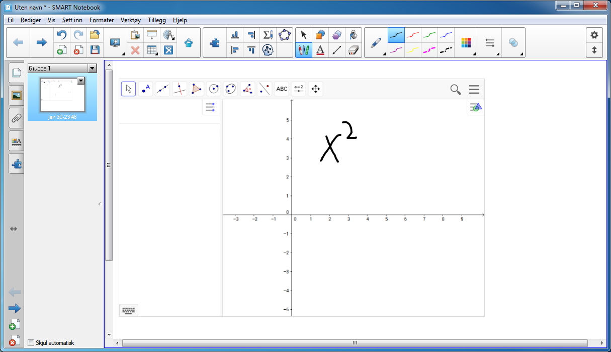 Vi skriver inn x 2 for hånd og drar den bort til kommandofeltet. Figur 94. GeoGebra i Notebook. Funksjonen blir deretter tegnet opp. Figur 95. Funksjonen blir tegnet opp.