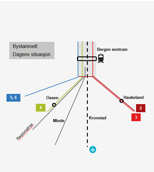 Bystamlinjene er supplert med en rekke lokale busslinjer. Disse har større flatedekning enn by-stamlinjene, og flere fungerer som matebusser til knutepunkt langs bybanes trasé.