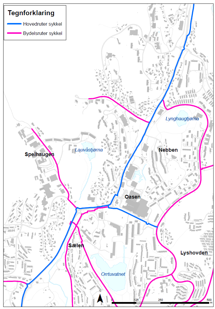 4.10. Sykkel Langs den planlagte bybanetraséen er det per i dag ingen sammenhengende sykkelveg. I sørenden av Mindemyren og parallelt med Kanalveien langs den gamle Os-banen går sykkelveg.