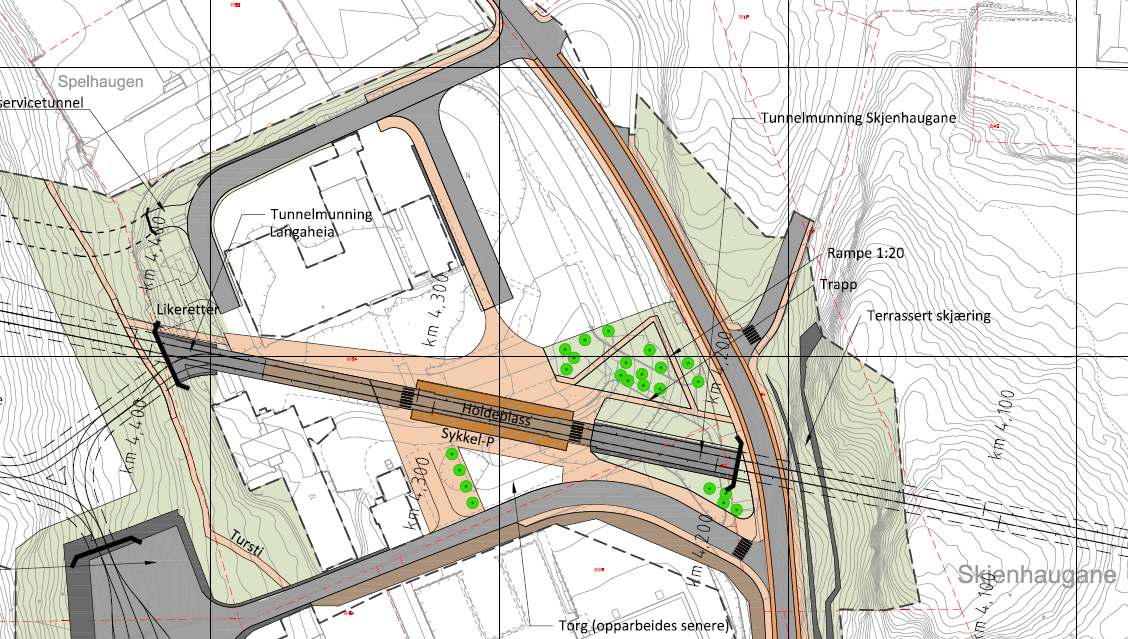 Fyllingsdalen vest Figur 5-16 Illustrasjon av vegsystemet ved rundkjøring mellom Hjalmar Brantings vei og Folke Bernadottes vei (konferer tegnforklaring på Figur 5-11over).