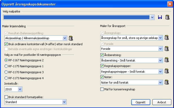Opprett årsregnskapsdokumenter Under Opprett årsregnskapsdokumenter velges type linjeinndeling, maler for årsrapporten, type næringsoppgave og inntektsår.