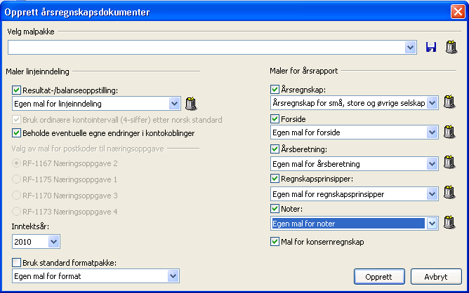 I Opprett årsregnskapsdokumenter vises disse malene i de enkelte nedtrekkslistene og kan velges for de steder hvor malen ønsket benyttet. Ved endringer i mal, f.