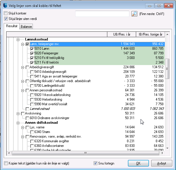 verdiene fra de tilknyttede regnskapslinjer. Notekobling I tilknytning til notefeltene er det knapper for å knytte de enkelte feltene til en eller flere linjer eller kontoer i linjeinndelingen.
