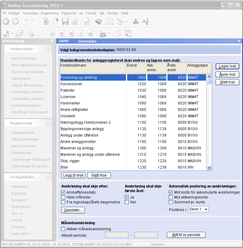 Anleggsregister Grunndata Her tilpasser du hvilke standardkontokoder som skal gjelde for anleggsregisteret. Du setter også innstillinger for når og på hvilken måte avskrivninger skal foretas.