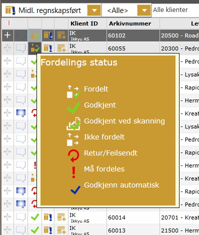 4. Når du har foretatt ønsket kontering, endrer du regnskapsførerstatus til Regnskapsført 5. Bilaget er nå klart til overføring.