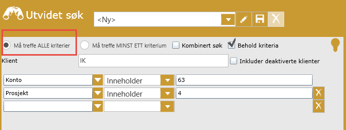 5. I feltet til høyre, legg inn den verdien du ønsker å søke etter. Nedenfor kan du se et søk etter bilag hvor konto inneholder 63 (du kan legge inn en del av konto navnet istedenfor verdien).