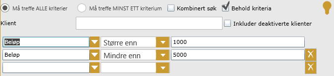 Hvis vi derimot velger Må treffe MINST ETT, vil søket returnere alle bilag som inneholder passende konto og prosjekt, dermed vil vi få et større resultat.