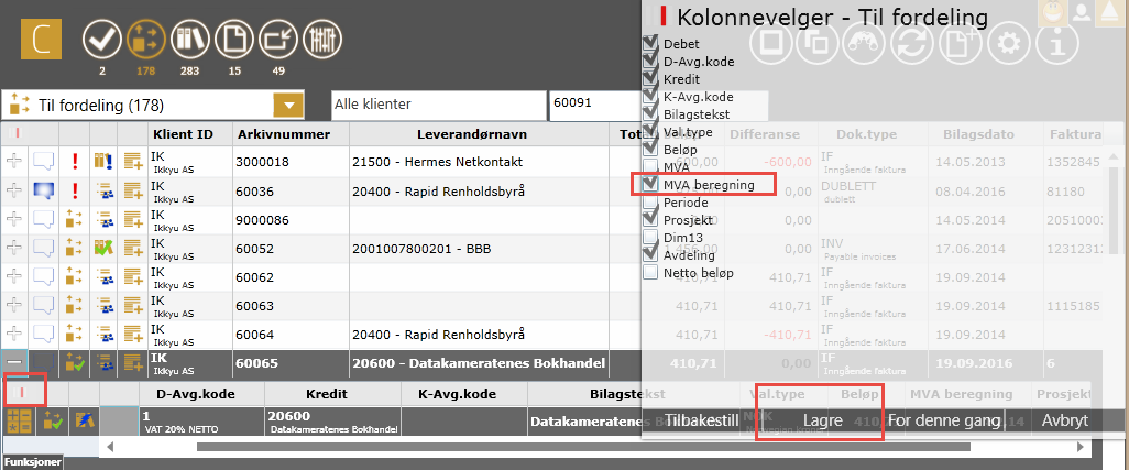 MVA beregning Du kan vise en beregning på MVA beløp hvis du vil. Dette er ikke verdier som overføres til økonomisystemet, som bruker MVA koden du har registrert. Nødvendige endringer i oppsettet 1.